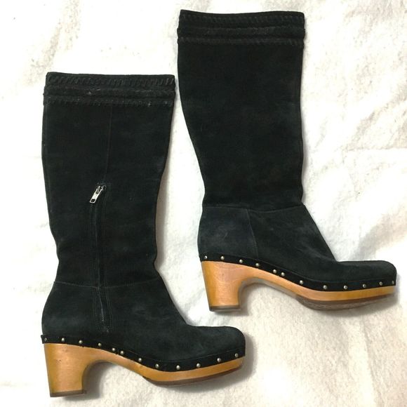 UGG Women's Black Suede Leather Tall Wood Clog Heel Boots-Size 8 - Picture 2 of 8